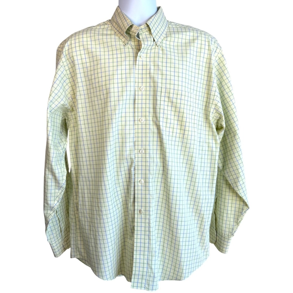 Brooks Brothers Mens Cotton No Iron Shirt Sz L Yellow Green Blue Check Office